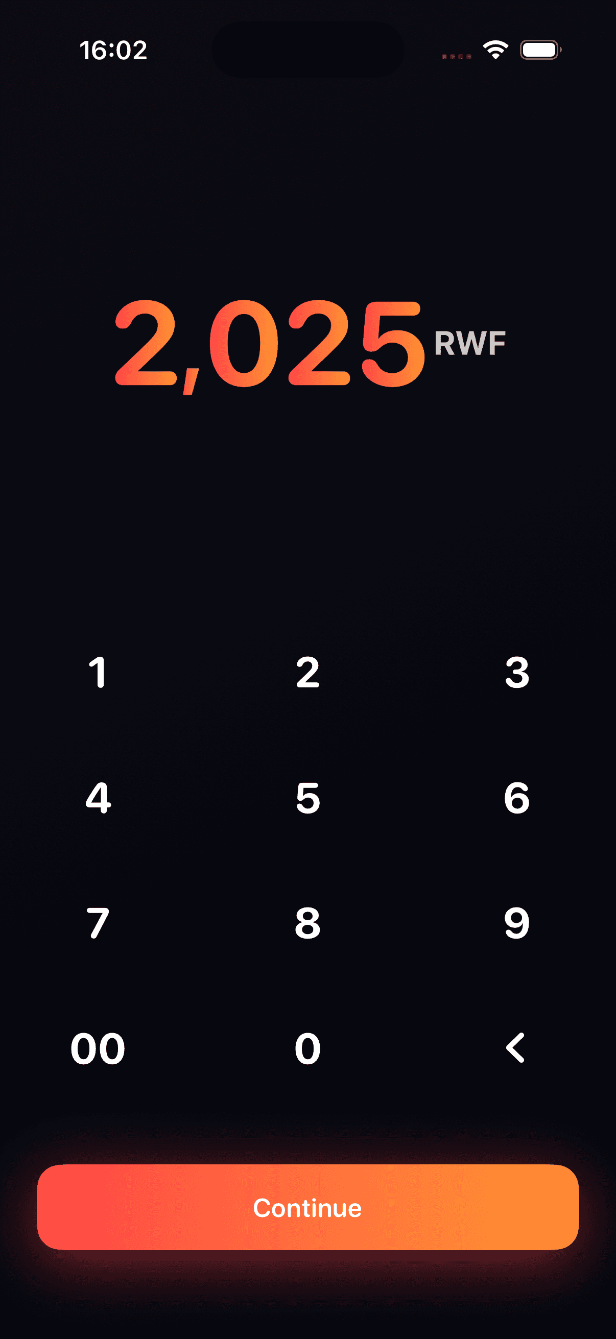 Umuriro screen for entering an amount in RWF