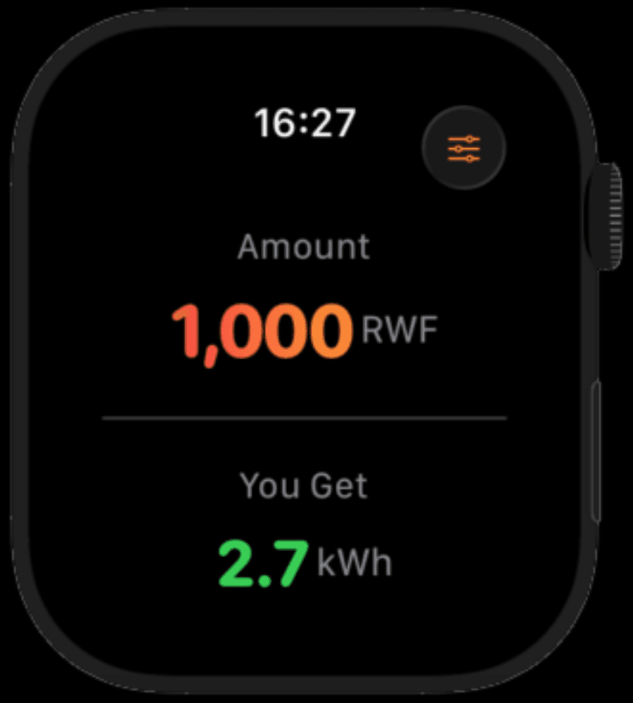 Umuriro on Apple Watch converting 1,000 RWF to 2.7 kWh