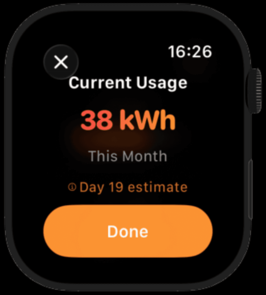 Umuriro on Apple Watch showing 38 kWh used this month